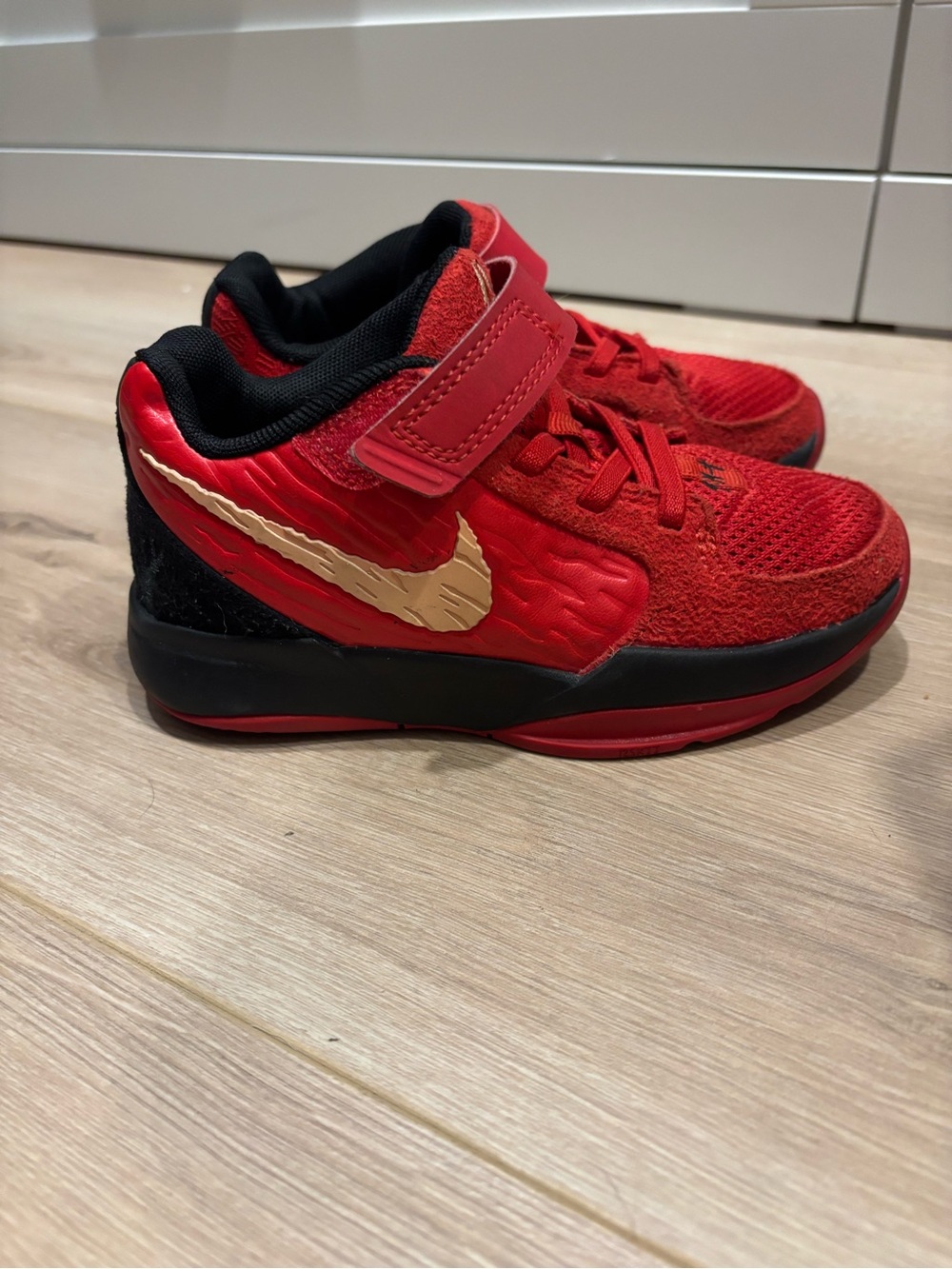 Nike Kids size 12 Red and Gold Velcro Athletic Sneakers shoes